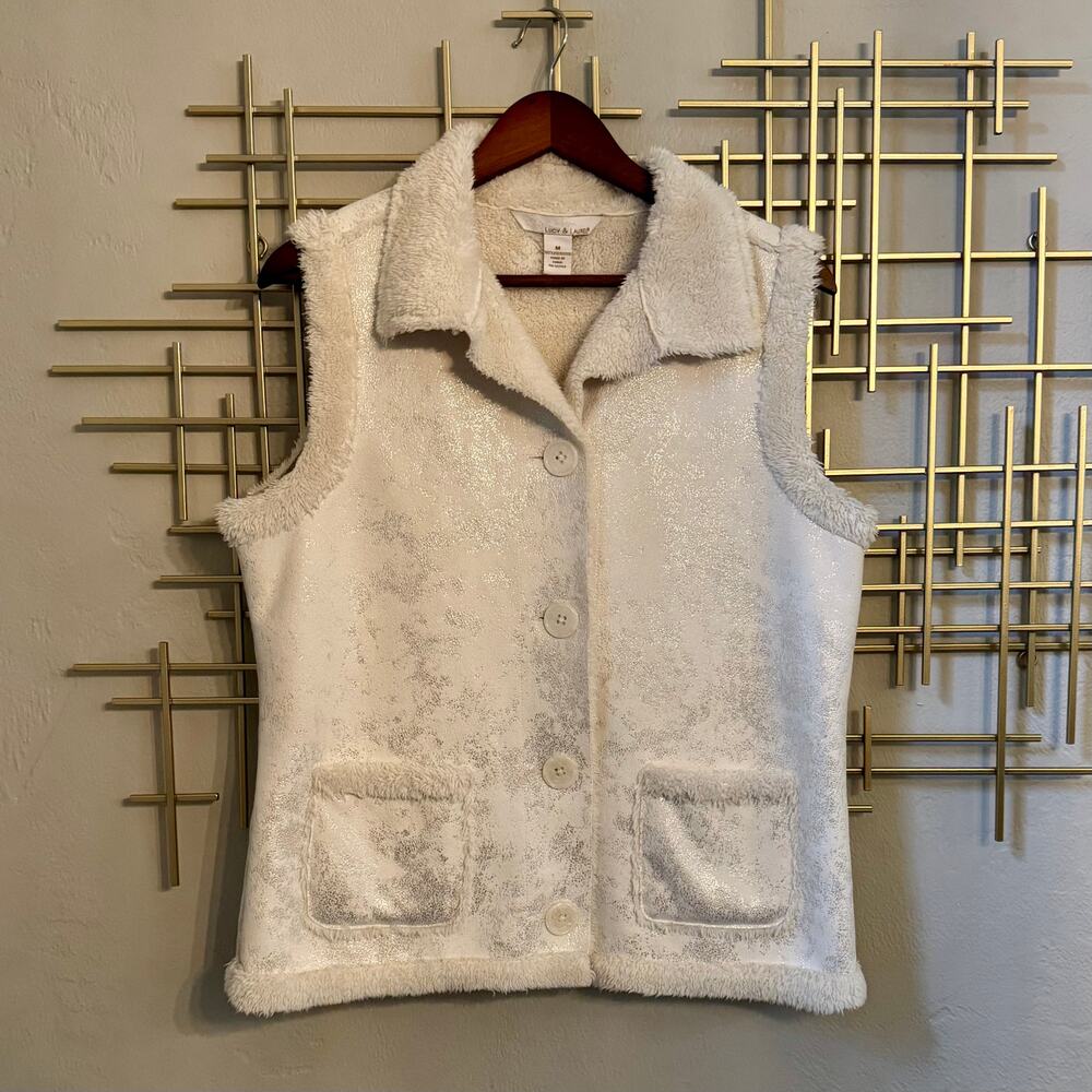 Lucy & Laurel Womens M Faux Shearling Vest Metallic Silver White Button Front